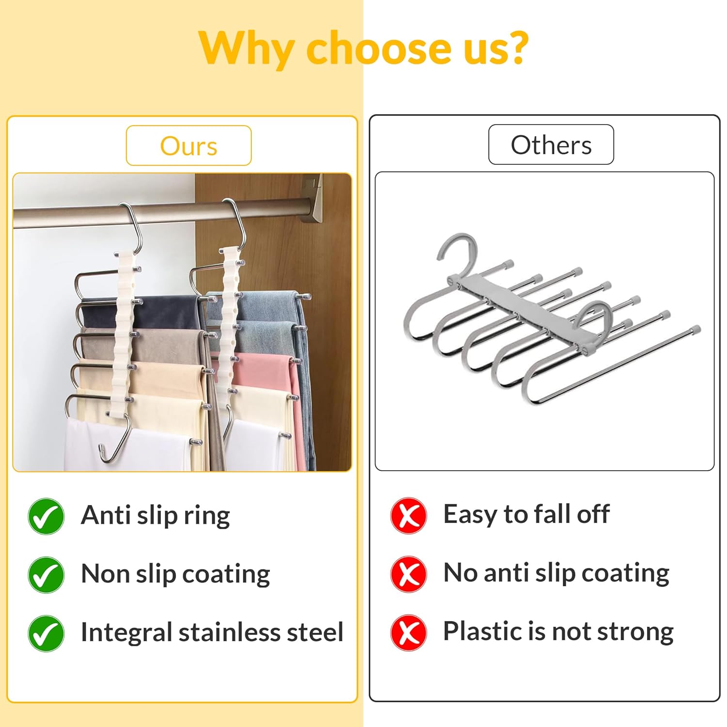 Pants Hanger Set of 2, *New* Anti-Drop Design, Anti-Slip, Space Saving, Stainless Steel, Closet Organizer for Jeans, Trousers, Skirts and Scarf